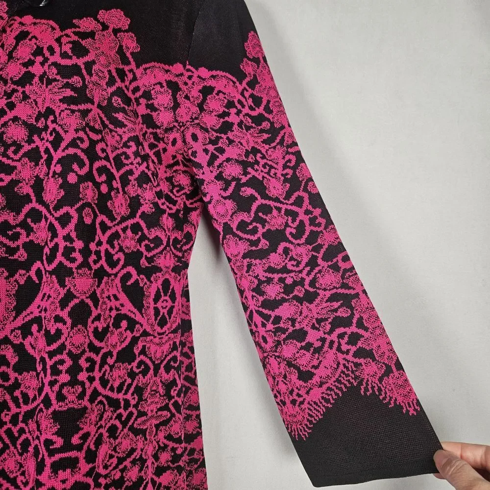 Misook Cardigan‎ Womens M Acrylic Knit Sweater Floral Lace Black Fushsia Office